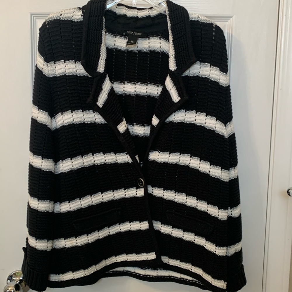 Black and white cardigan with silver above and below the white stripes